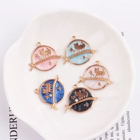 DIY Alloy Enamel Cat Starry Sky Round Pendant With Rhinestone For Earring Necklace Jewelry Making Hand Made Craft Supplies