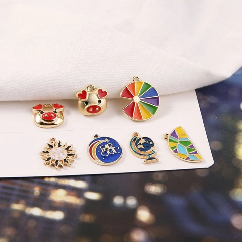 DIY Alloy Enamel Pendants For Jewelry Making Cartoon Pig Globe Sun Starry Sky Charms For Handmade Necklace Earring Accessory