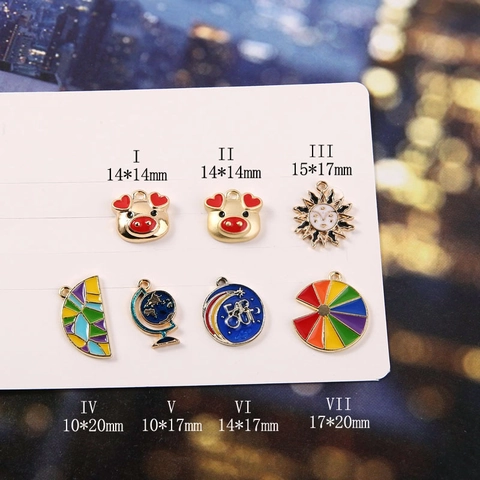 DIY Alloy Enamel Pendants For Jewelry Making Cartoon Pig Globe Sun Starry Sky Charms For Handmade Necklace Earring Accessory