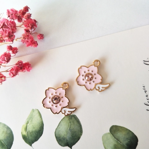 Alloy Pink Sakura Enamel Charms With Angel Wing Rhinestone Pendant For Earring Necklace Jewelry Making DIY Accessories