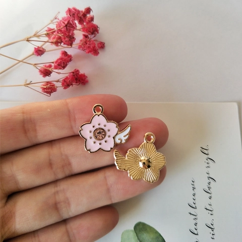 Alloy Pink Sakura Enamel Charms With Angel Wing Rhinestone Pendant For Earring Necklace Jewelry Making DIY Accessories