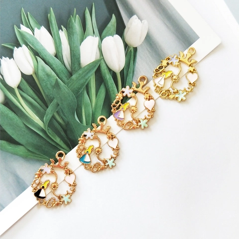 Vintage Alloy Enamel Cartoon Girl Charms Hollow Round Pendant With Crown Heart Flower Clock For DIY Jewelry Making