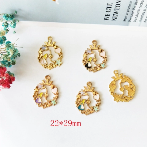 Vintage Alloy Enamel Cartoon Girl Charms Hollow Round Pendant With Crown Heart Flower Clock For DIY Jewelry Making