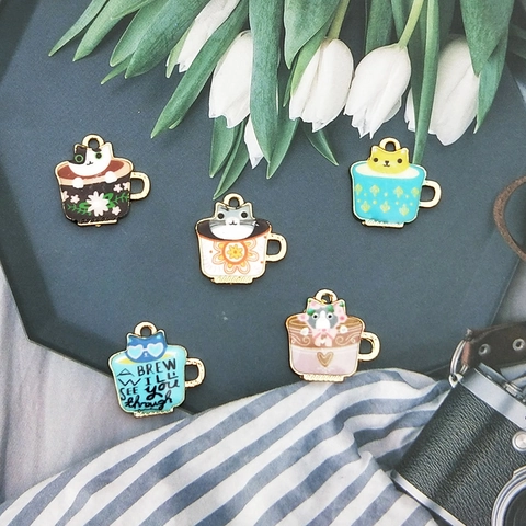 Cute Cat Coffee Cup Enamel Alloy Pendants DIY Jewelry Findings Animal Charms For Necklace Keychain Bracelet Making Accessories