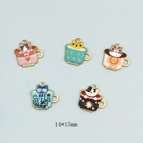 Cute Cat Coffee Cup Enamel Alloy Pendants DIY Jewelry Findings Animal Charms For Necklace Keychain Bracelet Making Accessories