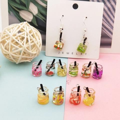 Miniature Resin Fruit Drink Bottle Charms For DIY Jewelry Making Cute Watermelon Strawberry Kiwi Pendant For Earrings Keychain Accessories