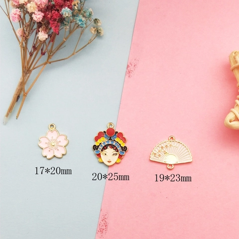 Chinese Style Enamel Alloy Pendants Peking Opera Mask Fan Flower Charms For DIY Jewelry Making Accessories Ethnic Materials