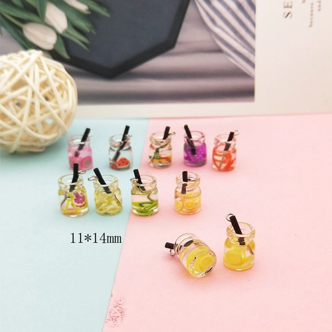 Miniature Resin Fruit Drink Bottle Charms For DIY Jewelry Making Cute Watermelon Strawberry Kiwi Pendant For Earrings Keychain Accessories