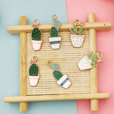 Cute Alloy Enamel Cactus Charms For DIY Jewelry Making Potted Plant Pendants For Earrings Necklace Bracelet Handmade Accessories
