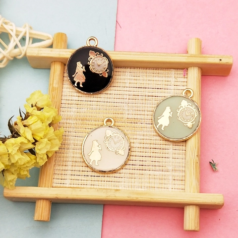 Alloy Enamel Girl Silhouette Clock Pendants Round Fairy Tale Style DIY Charms For Necklace Jewelry Making Material Accessroy