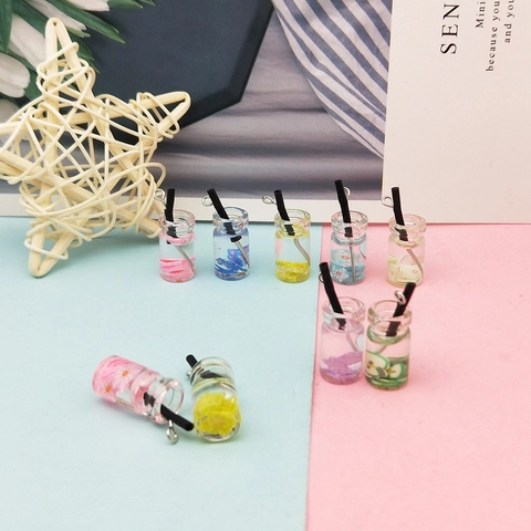 DIY Miniature Fruit Drink Bottle Charms For Jewelry Making Resin Simulation Drink Bottle Pendants With Metal Loop For Earrings Accessories