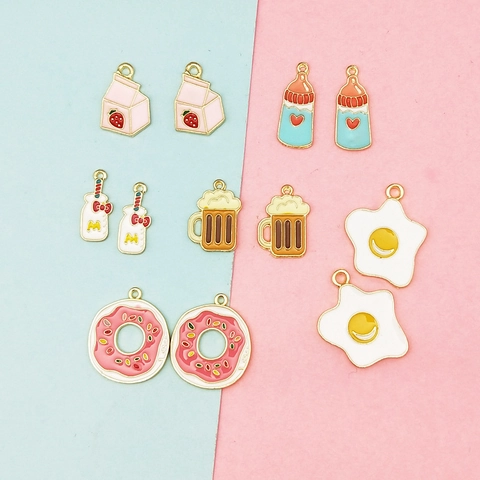 DIY Cartoon Alloy Drip Oil Food Drink Pendants For Jewelry Making Fried Egg Doughnut Milk Bottle Beer Charms Accessory