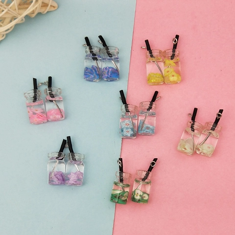 DIY Miniature Fruit Drink Bottle Charms For Jewelry Making Resin Simulation Drink Bottle Pendants With Metal Loop For Earrings Accessories