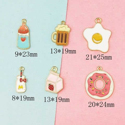 DIY Cartoon Alloy Drip Oil Food Drink Pendants For Jewelry Making Fried Egg Doughnut Milk Bottle Beer Charms Accessory