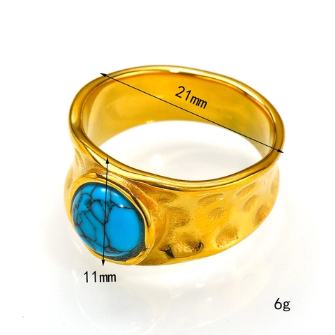 Vintage Hammered Stainless Steel Open Ring For Women Gold Plated Natural Stone Malachite Turquoise Ceramic Retro Fashion Jewelry
