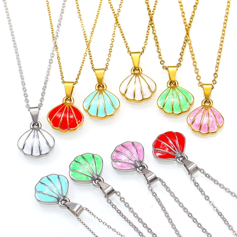 Titanium Steel Scallop Shell Enamel Pendant Necklace Fashion Enamel Drip Clavicle Chain Ocean Style Jewelry For Women Daily Wear