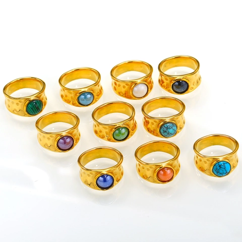 Vintage Hammered Stainless Steel Open Ring For Women Gold Plated Natural Stone Malachite Turquoise Ceramic Retro Fashion Jewelry