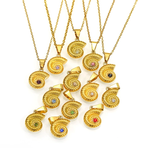 Collier Pendentif Nautile en Acier Inoxydable Plaqué Or Avec Zircone Colorée Incrustée Bijoux de Coquillage pour Femme