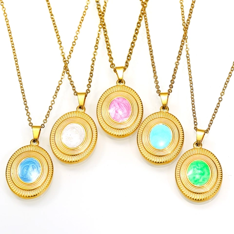 Luxury Titanium Steel Irregular Polygon Enamel Pendant Necklace Sunburst Radial Texture Gold Plated Clavicle Chain Necklace For Women