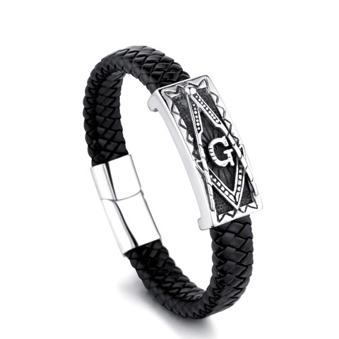Herren Geflochtenes Lederarmband Freimaurersymbol G Buchstabe Legierung Metallplatte Magnetverschluss Trendiger Lässiger Handschmuck