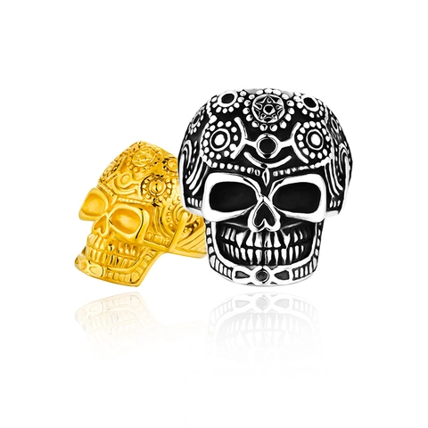 Men Vintage Titanium Steel Skull Ring Gothic Sugar Skull Punk Embossed Mandala Star Biker Band Ring Big Eye Skeleton Jewelry