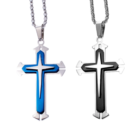 Vintage Punk Edelstahl Dreilagige Kreuz Anhänger Halskette Für Herren Blau Schwarz Schicht Religiöser Modeschmuck