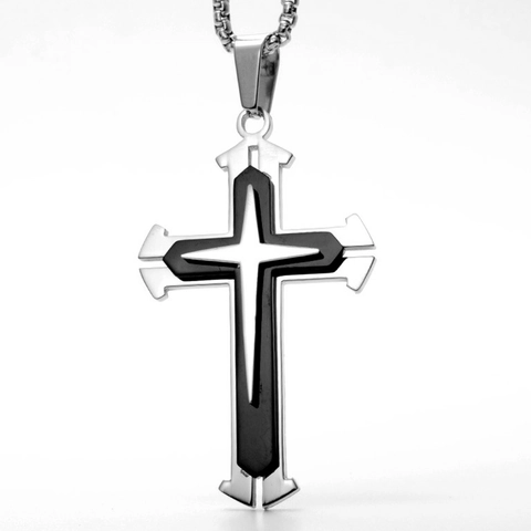 Vintage Punk Edelstahl Dreilagige Kreuz Anhänger Halskette Für Herren Blau Schwarz Schicht Religiöser Modeschmuck