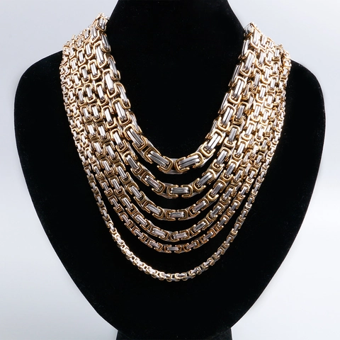 Men Stainless Steel Byzantine Chain Necklace Retro Punk Hip Hop Two Tone Gold Silver Black Weave Necklaces For Men Jewelry Gift