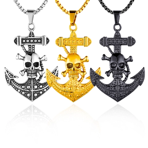 Punk Vintage Titanium Steel Skull Anchor Necklace For Men Pirate Gothic Style Pendant Necklace Jewelry Gift