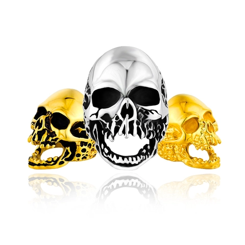 Men's Stainless Steel Skull Ring Punk Gothic Hip Hop Rock 3D Skeleton Distressed Vintage Biker Jewelry For Men Gold Black