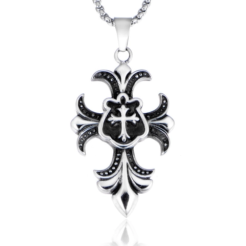 Collar con Colgante de Cruz de Acero de Titanio Gótico para Hombre Retro Flor de Lis Escudo Diseño Oro Plata Joyería Religiosa