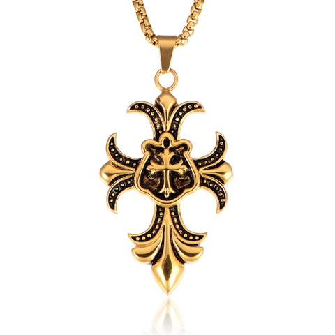 Collar con Colgante de Cruz de Acero de Titanio Gótico para Hombre Retro Flor de Lis Escudo Diseño Oro Plata Joyería Religiosa