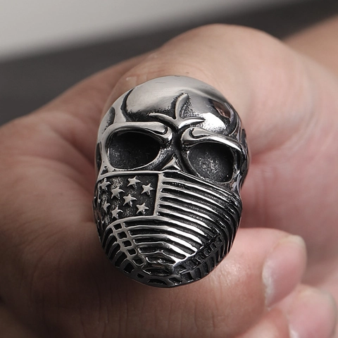 Men Punk Titanium Steel Skull Ring With American Flag Mask Design Vintage Biker Rock Club Jewelry Band Ring
