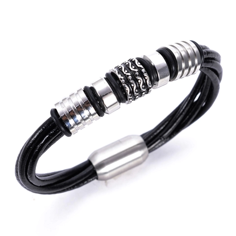 Herren Vintage Mehrlagig Geflochtenes Lederarmband Mit Edelstahl Magnetverschluss Punk Lässig Schwarz Handgelenkschmuck