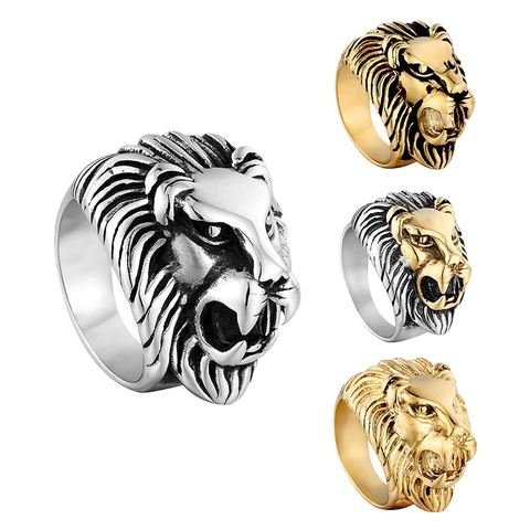 Men's Stainless Steel Lion Head Ring Vintage Punk Biker Style Gold Silver Dominant Animal Design Statement Jewelry Ring