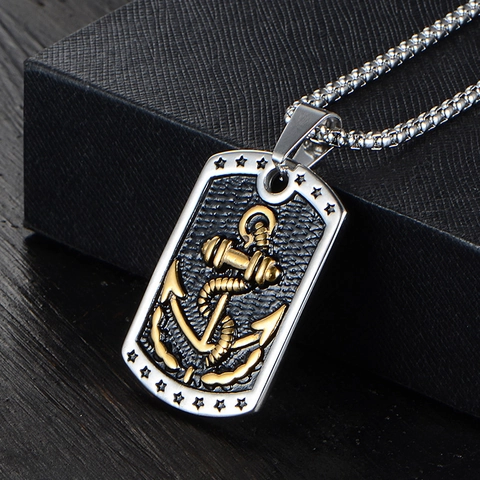 Vintage 316L Stainless Steel Anchor Barbell Dog Tag Pendant Necklace For Men Nautical Strength Motif With Square Pearl Chain Jewelry