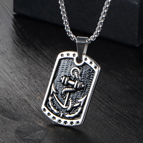 Vintage 316L Stainless Steel Anchor Barbell Dog Tag Pendant Necklace For Men Nautical Strength Motif With Square Pearl Chain Jewelry