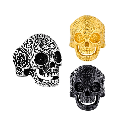 Anello con Teschio in Acciaio Inossidabile Vintage Punk per Uomo Gothic Sugar Skull Anello da Dito Intagliato a Fiori Gioielli per Festa di Halloween