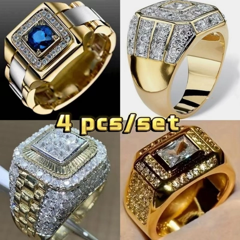 Luxury Hip Hop Men Ring Collection Alloy Zirconia Gold Silver Plated Watch Band Design Square Round Stone Banquet Jewelry