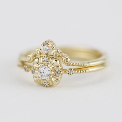 Vintage Paleisstijl Vergulde Legering Hoofdring En Band Met Ronde Zirkonia Voor Vrouwen Victoriaans Bloem Gegraveerd Sieraden