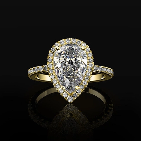 Elegant Pear Shaped Cubic Zirconia Ring Copper Brass Halo Setting Pave Band Wedding Bridal Jewelry For Women