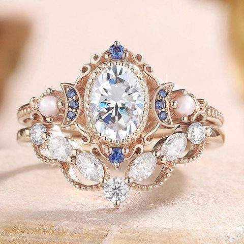 Set Di Anelli In Lega Placcati Oro Rosa Vintage Con Zirconia Ovale Pietra Blu E Finta Perla Artificial Gioielli Retro Stile Di Corte Donna