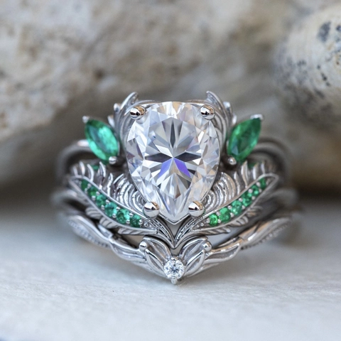 Vintage Legering Peergeslepen Zirkonia Hoofdring En Gardering Groene Steen Blad Veer Gravure Verzilverde Ring Voor Vrouwen