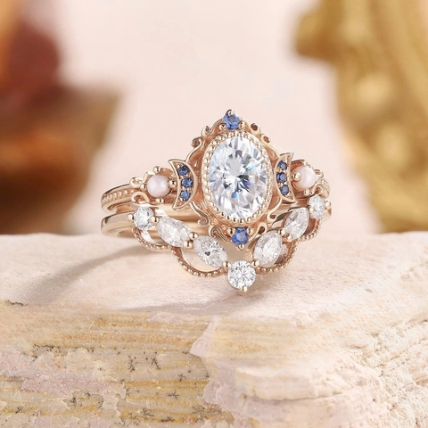 Set Di Anelli In Lega Placcati Oro Rosa Vintage Con Zirconia Ovale Pietra Blu E Finta Perla Artificial Gioielli Retro Stile Di Corte Donna