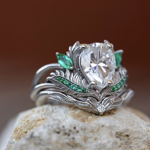 Vintage Legering Peergeslepen Zirkonia Hoofdring En Gardering Groene Steen Blad Veer Gravure Verzilverde Ring Voor Vrouwen