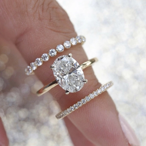 Mode Zirconia Legering Stapelbaar Ring Set Voor Dames Ovaal Geslepen Hoofdsteen Drievoudig Verguld Ingelegde Decoratieve Ring