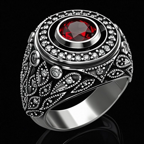 Bague Pour Homme Style Gothique Vintage Argenté Pierre Précieuse Rouge Accents Zircone Anneau Gravé Motif Feuille Bijoux Punk