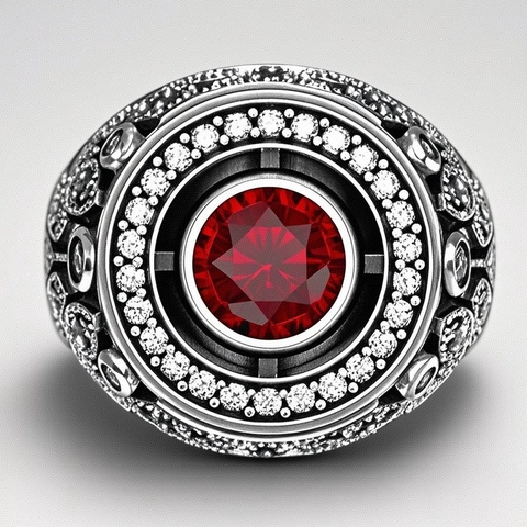 Bague Pour Homme Style Gothique Vintage Argenté Pierre Précieuse Rouge Accents Zircone Anneau Gravé Motif Feuille Bijoux Punk