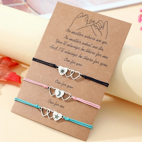 Bracelet de Couple Soleil Lune Étoile en Acier Inoxydable Minimaliste Cordon Tissé à la Main Carte de Message Pinky Promise Bracelet de Coeur pour Femme