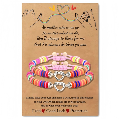 Bracelet Heishi en Pâte Polymère Tissé à la Main pour Femme Acier Inoxydable Fermoir Noeud de Coeur Réglable Bijoux Cadeau